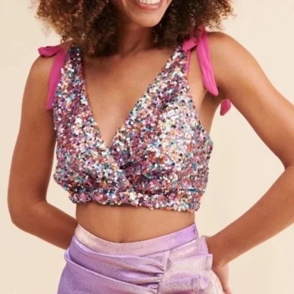 NEW Free People Intimately Big Night Sequins Bow Tie Shoulder Crop Top Purple M